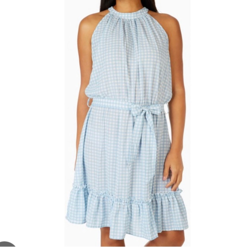 Mackenzie & James BLUE/WHITE CHECK RUFFLE  Tie Belt  Halter NWT DRESS plus size